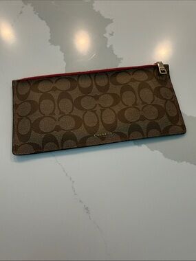 Coach Brown Signature Slim Zip Pouch with Hot Pink Trim